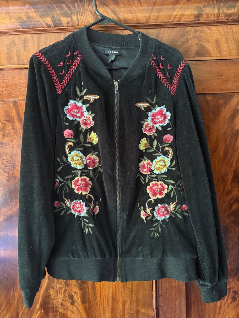 torrid Black Velvet Bomber Jacket with Pink & Yellow Floral Embroidery